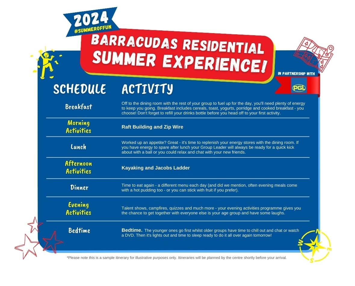 Example day timetable for Barracudas residential camp