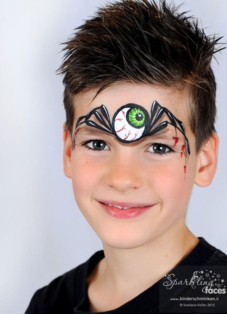 3-D effect spider eyeball face paint idea for kids