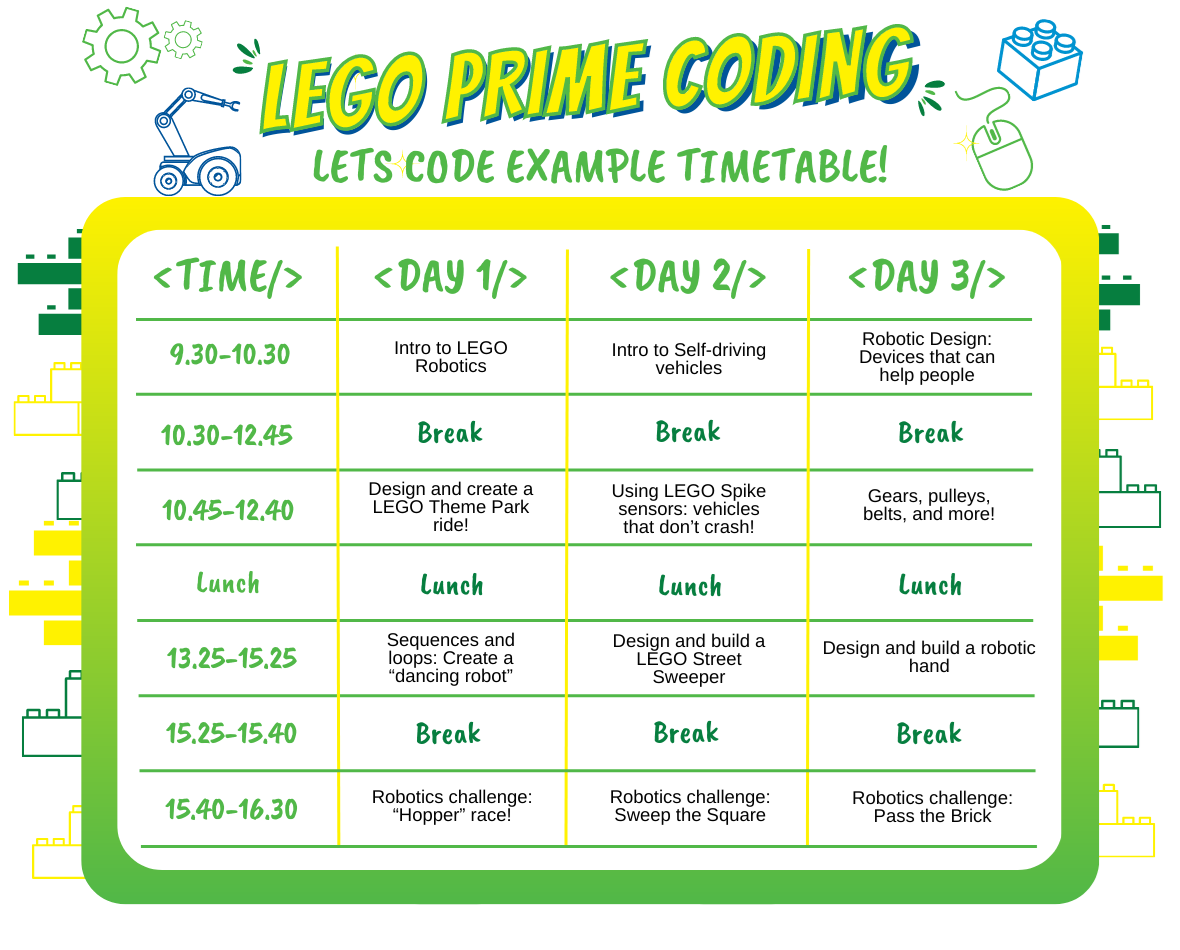 Lego Prime coding course example timetable