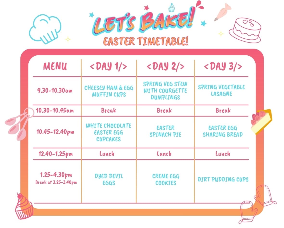 Barracudas Easter baking course timetable